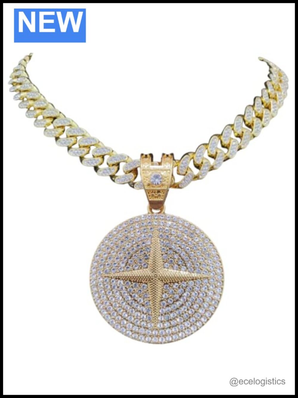 Cuban Link Chain Necklace Round Pendant Cubic Zirconia Hip Hop Jewelry